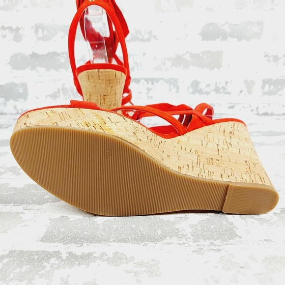 Guess Treacy Red Faux Suede Lace Up Ankle Strap Open Toe Wedge Sandals K807 - Picture 8 of 12